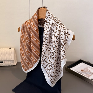 Elegant Square Scarf Women Satin Feeling Polyester Bandana Bird Geometric Herringbone Print Vintage Fashion Neck Head Wrap