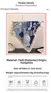 Détail du foulard floral bleu en polyester avec bords ondulés jaunes et texture textile