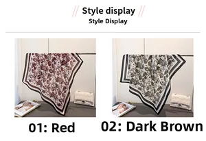 Detail view of vintage floral silk scarves in burgundy red and deep brown colors