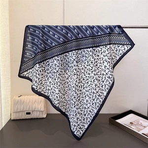 Elegant navy herringbone cotton linen scarf with swallow print and geometric patterns