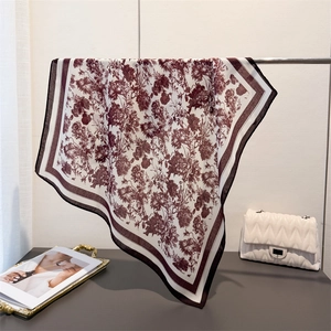 Floral print cotton linen feel square scarf for women in cream and burgundy floral pattern