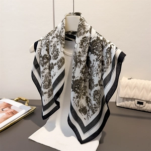 Elegant white floral silk scarf with black vintage botanical print and border for women