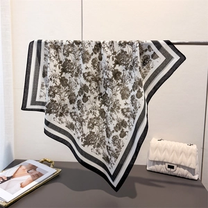 Floral herringbone cotton linen feel square silk scarf wrap with black white flower print