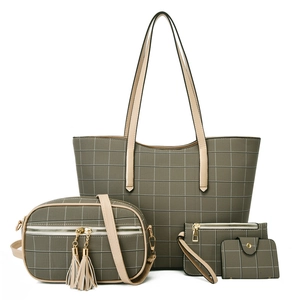 Ensemble chic de quatre sacs à carreaux avec sac cabas et bandoulière en vert olive