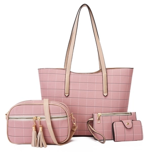 Ensemble de sacs à main rose à carreaux 4 pièces avec grand cabas et bandoulière à glands