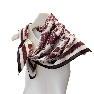 Floral herringbone cotton linen scarf for women with vintage red flower prints on white