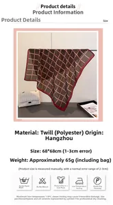 Detailed view of brown plaid scarf with pink hearts, 68x68cm herringbone polyester fabric