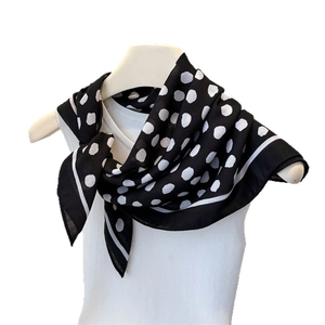 Polka dot silk-feel square scarf with geometric pattern on white background