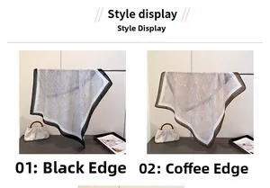 Detail view of herringbone texture square scarves in black and brown bordered patterns