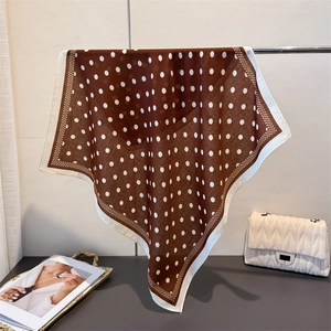 Elegant brown polka dot square scarf made of soft faux silk with hanging drape effect