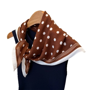 Polka dot silk-like scarf in mocha brown with classic white dots and wooden hanger