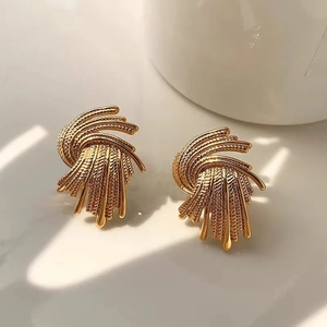 Detailed shot of 18K gold plated stud earrings featuring a textured woven fan design