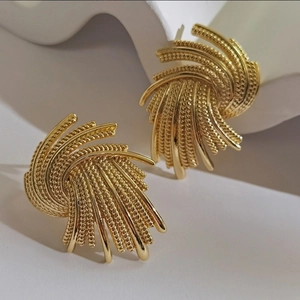 18K gold plated woven fan stud earrings with detailed sunburst texture for women