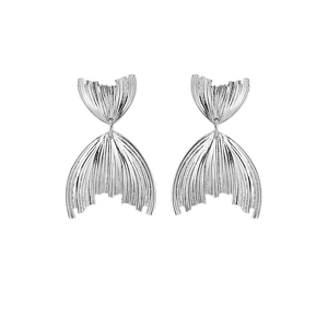 Elegant silver mermaid tail earrings with textured metallic finish on white background