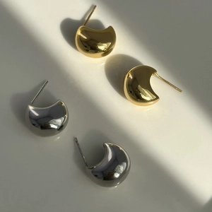 Minimalist Chunky Dome Stud Earrings For Women Mirror Polished Moon Shaped Brass With Silver Earring Post