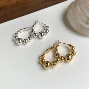 Boucles d'Oreilles Créoles En Cuivre À Perles Pour Femmes Polissage Miroir Boule Métallique Graduée Bijoux Géométriques