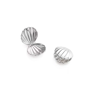 Polished silver shell stud earrings with glossy finish in open and closed views