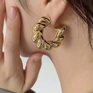 Chunky Twisted Hoop Earrings Copper C-Shape Rope Design Metallic Geometric Minimalist Fashion Jewelry For Women