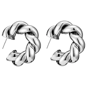 Polished silver twisted rope hoop earrings with minimalist chunky C-shape metal design