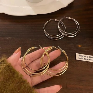 Boucles D Oreilles Créoles Rondes Superposées Cuivre Plaqué Or Grandes Géométriques Minimalistes Pour Femmes