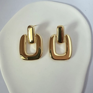 Modern geometric 18K gold plated double rectangle drop earrings with polished finish