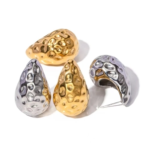 Modern hammered texture teardrop stud earrings in gold and silver metal finishes