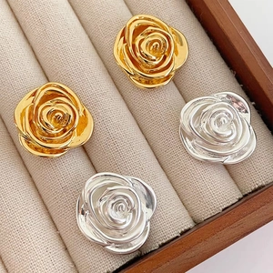 Camellia Flower Stud Earrings 18K Gold Plated Copper Rose Floral Layered Petal Elegant Jewelry Accessories For Women
