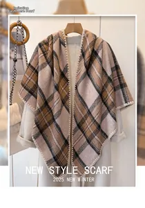 Close-up of classic plaid pattern scarf with exquisite pearl bead trim and soft texture