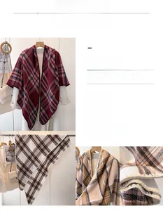 Detail view of classic plaid cashmere-like scarf with soft knit texture and fringe edge