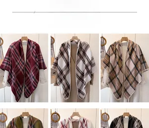 Detailed color selection showing classic plaid knitted ponchos and warm winter shawls