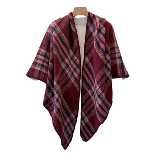 Classic burgundy and blue plaid winter poncho wrap made of warm cashmere-like fabric