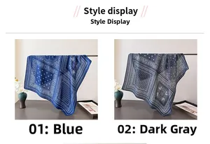Detailed style display of paisley square scarves in blue and dark gray cotton linen fabric