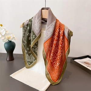 Paisley Print Square Scarf Color Block Herringbone Satin Feeling Retro French Style Neck Hair Bandana For Women