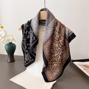 Elegant paisley and herringbone linen-feel square silk scarf in black and grey tones