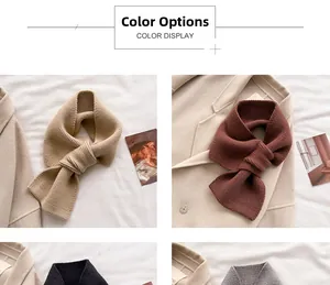 Detail view of the four color options for the knitted cross scarf on a beige coat