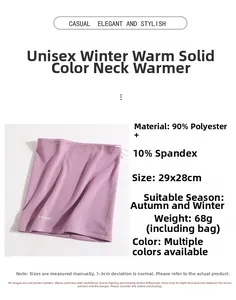 Detail view of purple fleece neck warmer with size specs and material composition