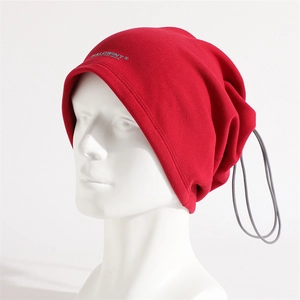 Detail of red adjustable fleece neck warmer with drawstring toggle on white model head