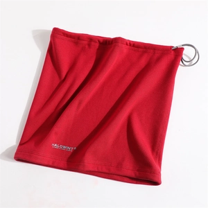 Detail of red fleece neck warmer featuring adjustable drawstring and outdoor logo