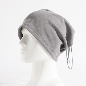 Grey fleece neck gaiter for winter, adjustable drawstring mask for outdoor sports warming
