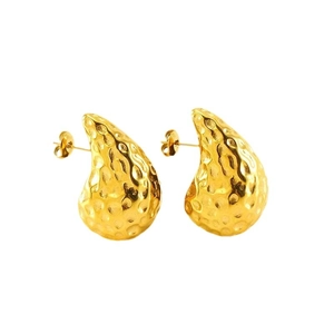 Golden hammered texture teardrop stud earrings with irregular water drop metal design