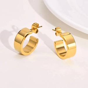C-Shaped Hoop Earrings 18K Gold Plated Copper Polished Geometric Minimalist Chunky Fashion Jewelry For Women
