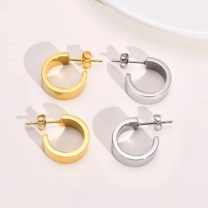 Polished 18K gold and silver plated C-shape hoop earrings in minimalist wide metal design