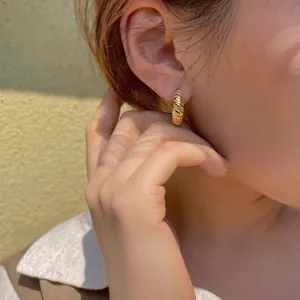 Close-up of gold-plated twisted croissant hoop earrings worn by a model in soft sunlight