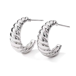 Detail view of silver C-shaped croissant earrings with a polished twisted rope texture