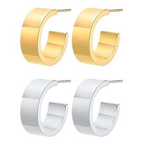 Polished gold and silver C-shaped chunky hoop earrings in minimalist 18K plated copper