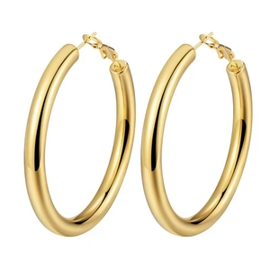 Macro shot of large 18K gold plated hollow hoop earrings with high polish finish