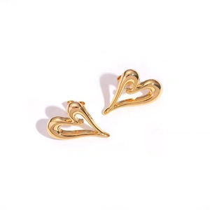 Irregular 18K gold plated hollow heart studs with polished metallic finish for women