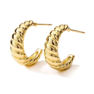18K gold plated copper twisted hoop earrings with a textured C-shape design and glossy finish