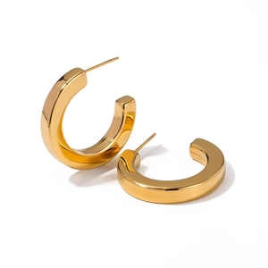 Polished chunky gold square C-shaped hoop earrings with minimalist geometric design