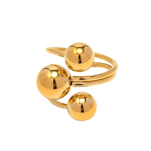 Polished 18K gold plated open ring with minimalist triple metal spheres on double bands